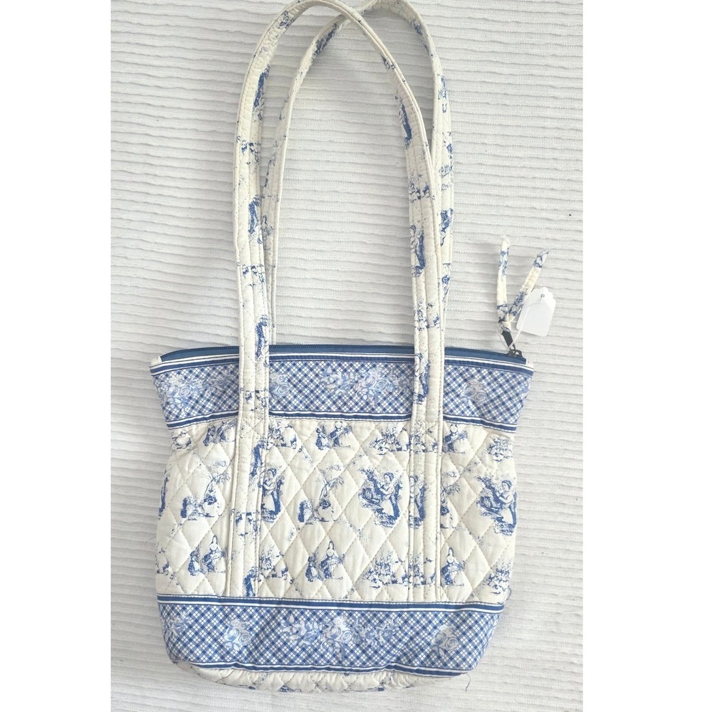 Russ Berrie Blue White Toile Quilted Cotton Shoulder Bag Gingham Trim Tote